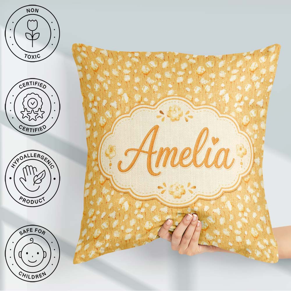 Custom Name Butter Popcorn Pieces on Warm Yellow Background Food Square Filled Cushion Throw Pillow Sofa Bed Home Decor Zip Washable UK Made