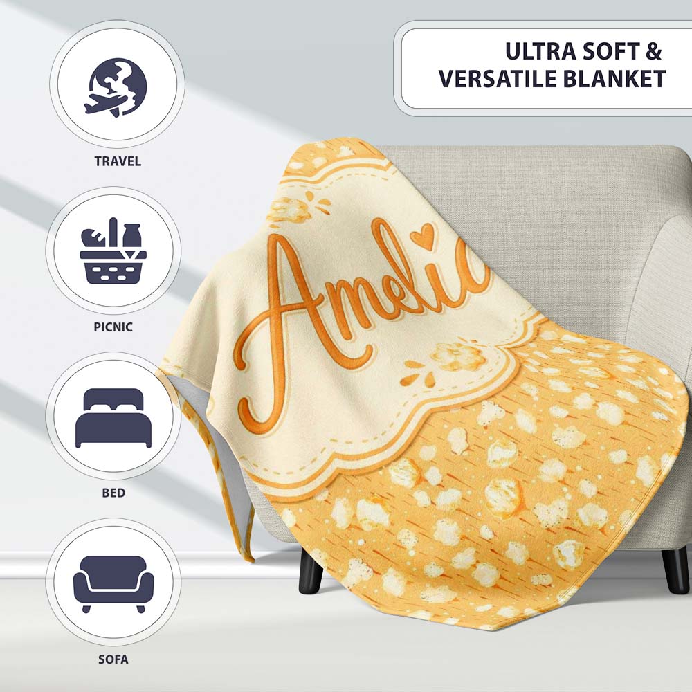 Light Butter Popcorn Pieces on Warm Yellow Background Seamless Food Personalised Custom Name Super Soft Fleece Blanket Bed Sofa Throw