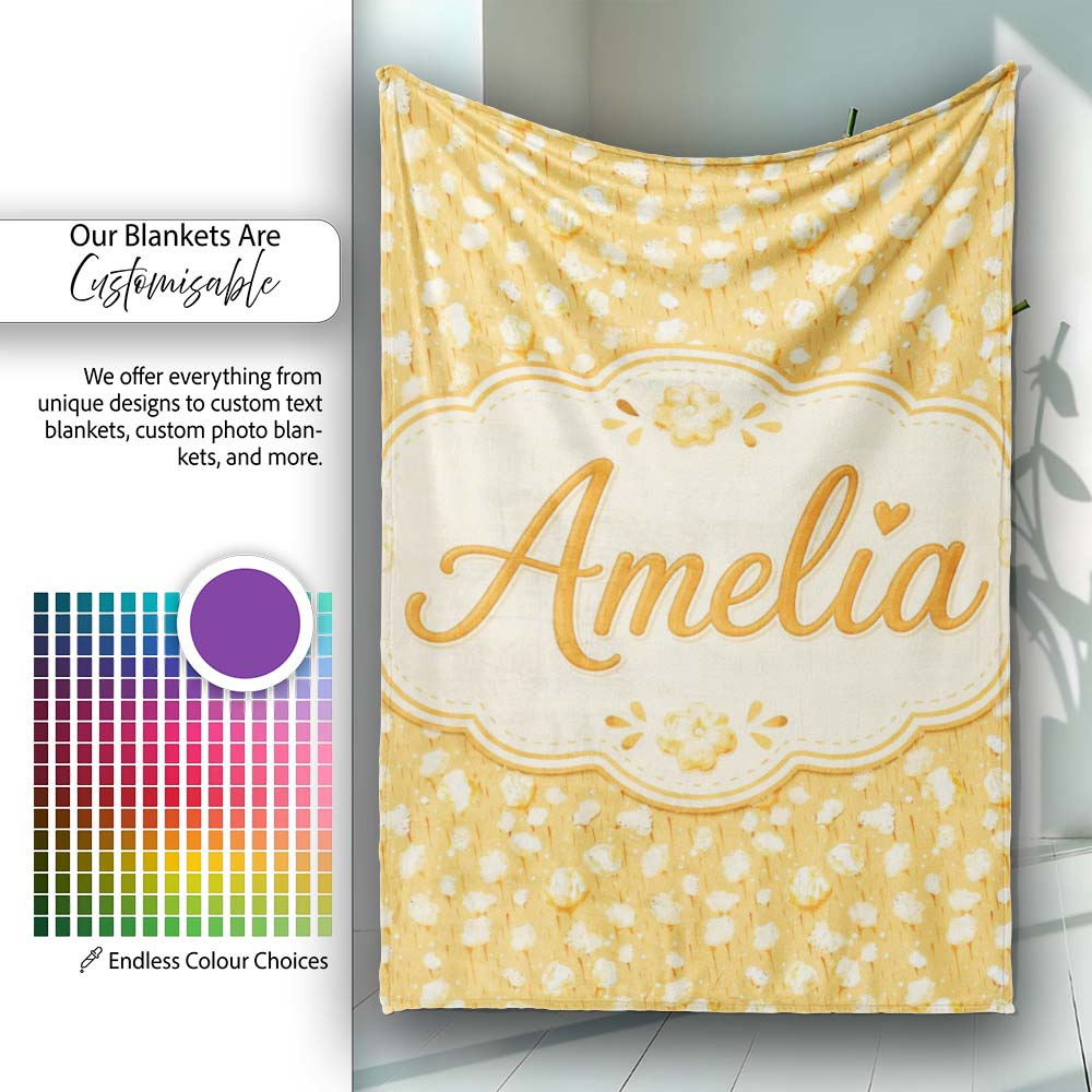Light Butter Popcorn Pieces on Warm Yellow Background Seamless Food Personalised Custom Name Super Soft Fleece Blanket Bed Sofa Throw