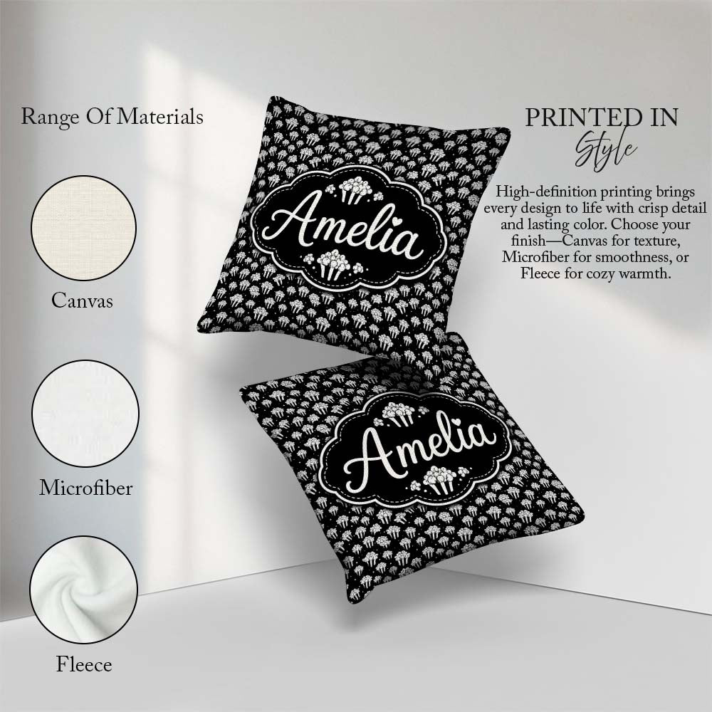 Custom Name Minimal Monochrome Popcorn Buckets on Black Seamless Square Filled Cushion Throw Pillow Sofa Bed Home Decor Zip Washable UK Made