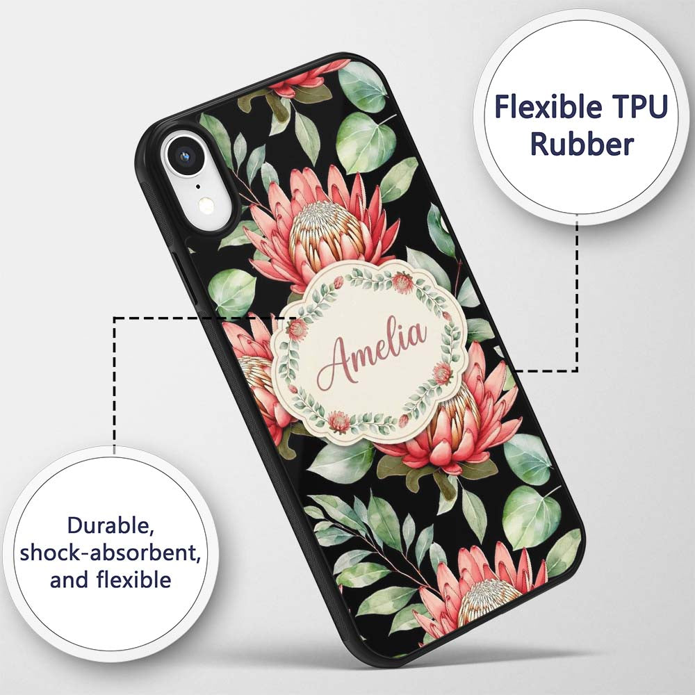 Elegant Protea Flowers with Green Leaves on White Custom Name Protective Phone Case Mobile Cover Durable Everyday Smartphone Shock Resistant