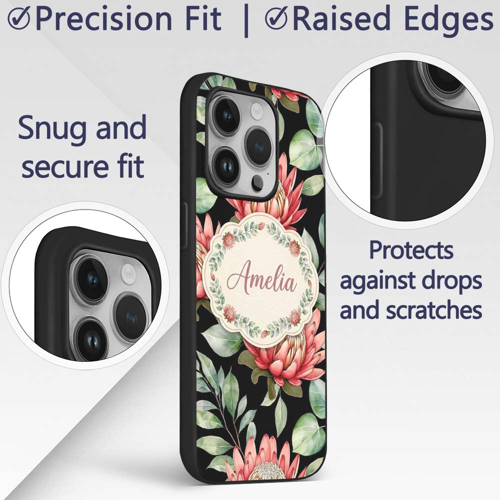 Elegant Protea Flowers with Green Leaves on White Custom Name Protective Phone Case Mobile Cover Durable Everyday Smartphone Shock Resistant