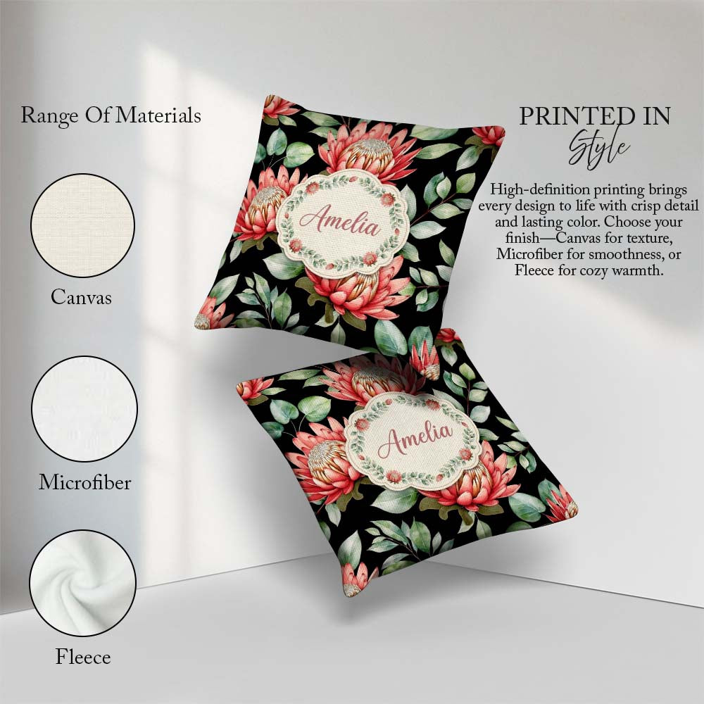 Custom Name Elegant Protea with Green Leaves on White Background Square Filled Cushion Throw Pillow Sofa Bed Home Decor Zip Washable UK Made
