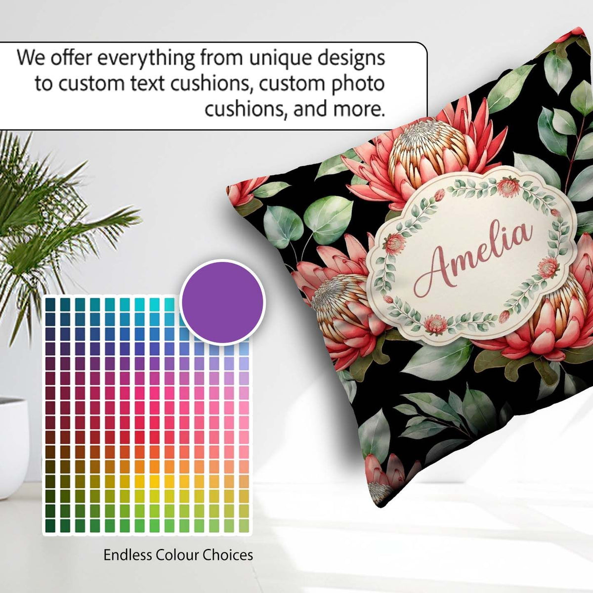 Custom Name Elegant Protea with Green Leaves on White Background Square Filled Cushion Throw Pillow Sofa Bed Home Decor Zip Washable UK Made