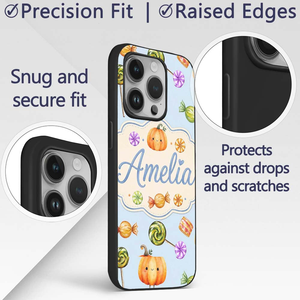 Cute Watercolor Pumpkins and Candy Sweets on Soft Custom Name Protective Phone Case Mobile Cover Durable Everyday Smartphone Shock Resistant