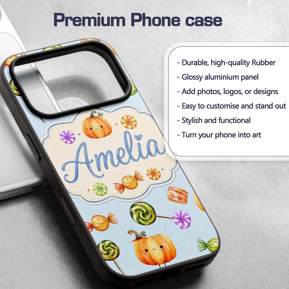 Cute Watercolor Pumpkins and Candy Sweets on Soft Custom Name Protective Phone Case Mobile Cover Durable Everyday Smartphone Shock Resistant