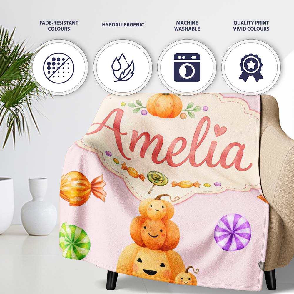 Cute Watercolor Pumpkins and Candy Sweets on Blush Pink Background Personalised Custom Name Super Soft Fleece Blanket Bed Sofa Throw