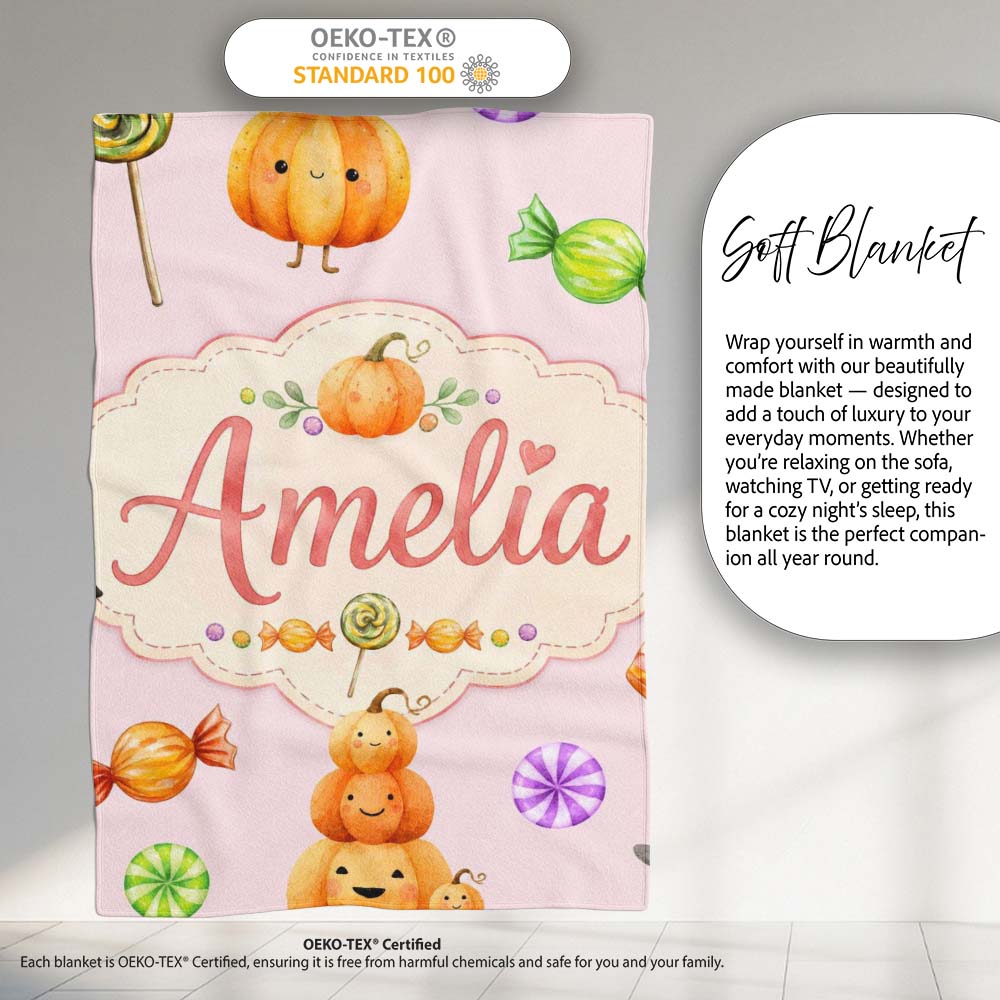 Cute Watercolor Pumpkins and Candy Sweets on Blush Pink Background Personalised Custom Name Super Soft Fleece Blanket Bed Sofa Throw