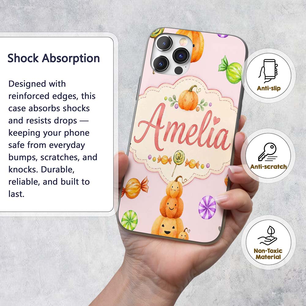 Cute Watercolor Pumpkins and Candy Sweets on Custom Name Protective Phone Case Mobile Cover Durable Everyday Smartphone Shock Resistant