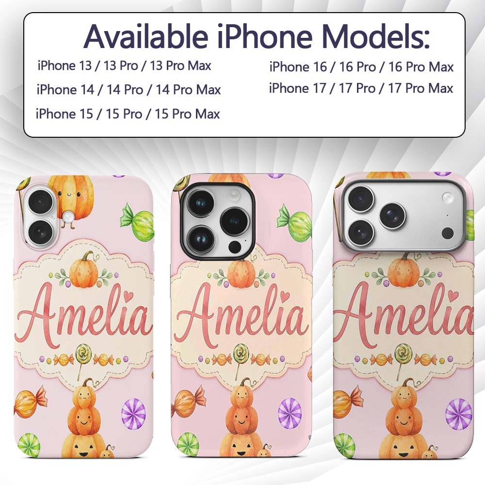 Cute Watercolor Pumpkins and Candy Sweets on Custom Name Protective Phone Case Mobile Cover Durable Everyday Smartphone Shock Resistant
