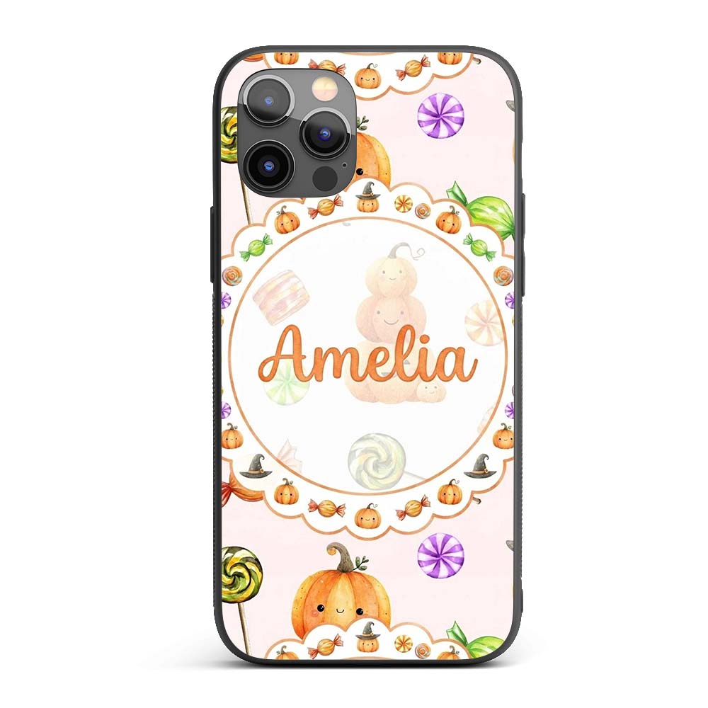Cute Watercolor Pumpkins and Candy Sweets on Custom Name Protective Phone Case Mobile Cover Durable Everyday Smartphone Shock Resistant