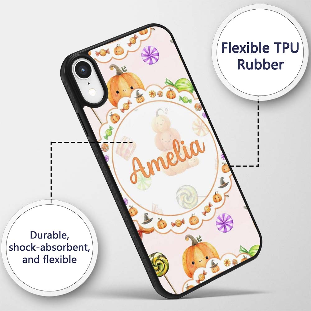 Cute Watercolor Pumpkins and Candy Sweets on Custom Name Protective Phone Case Mobile Cover Durable Everyday Smartphone Shock Resistant