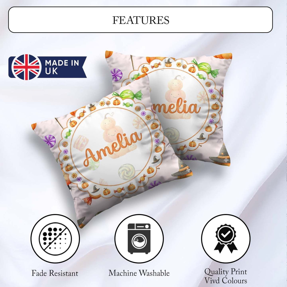 Custom Name Cute Watercolor Pumpkins and Candy Sweets on Neutral Square Filled Cushion Throw Pillow Sofa Bed Home Decor Zip Washable UK Made