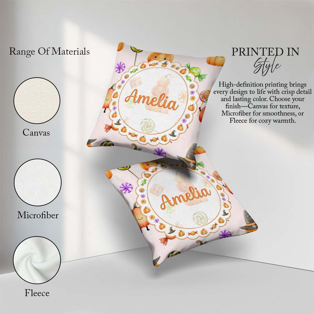 Custom Name Cute Watercolor Pumpkins and Candy Sweets on Neutral Square Filled Cushion Throw Pillow Sofa Bed Home Decor Zip Washable UK Made