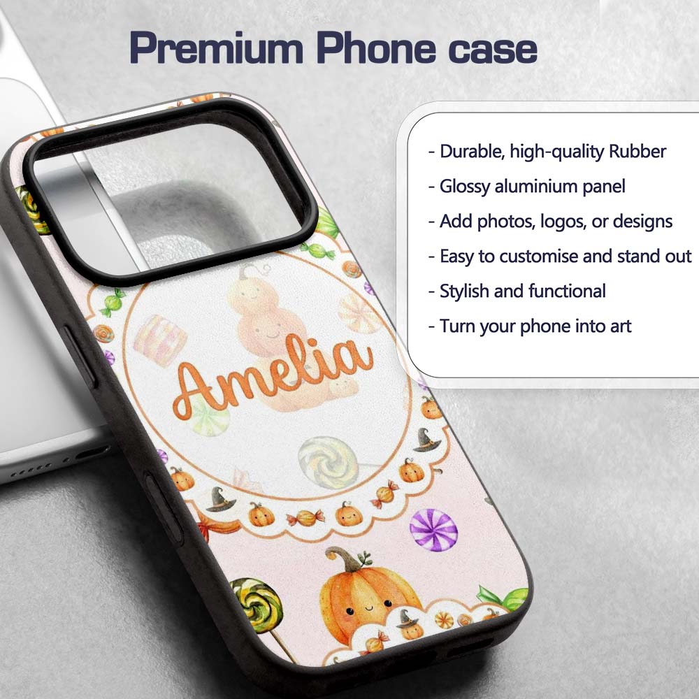 Cute Watercolor Pumpkins and Candy Sweets on Custom Name Protective Phone Case Mobile Cover Durable Everyday Smartphone Shock Resistant