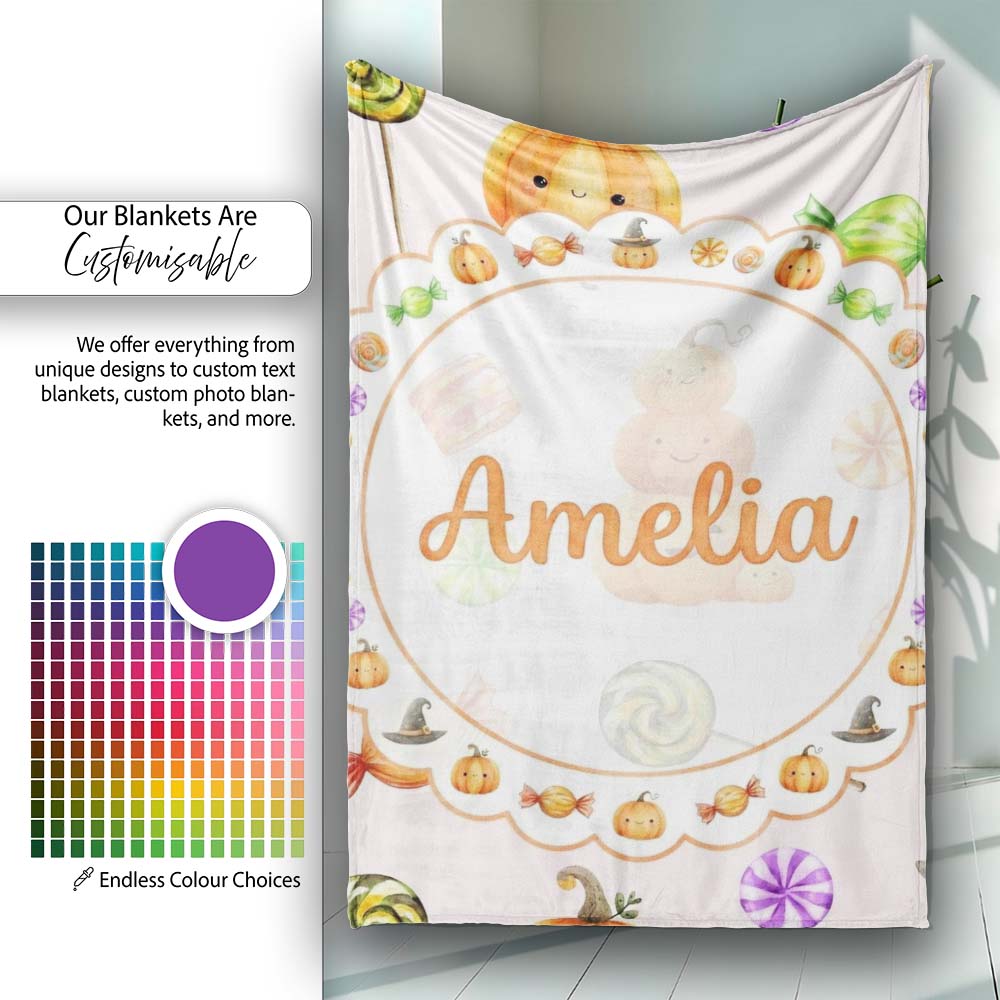 Cute Watercolor Pumpkins and Candy Sweets on Neutral Beige Lovely Personalised Custom Name Super Soft Fleece Blanket Bed Sofa Throw