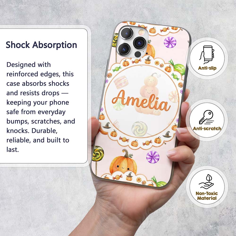 Cute Watercolor Pumpkins and Candy Sweets on Custom Name Protective Phone Case Mobile Cover Durable Everyday Smartphone Shock Resistant