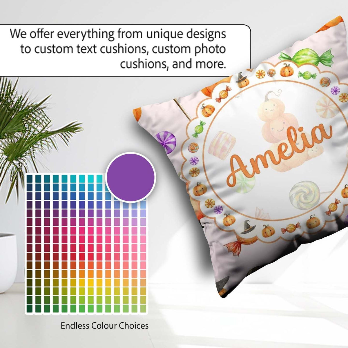 Custom Name Cute Watercolor Pumpkins and Candy Sweets on Neutral Square Filled Cushion Throw Pillow Sofa Bed Home Decor Zip Washable UK Made