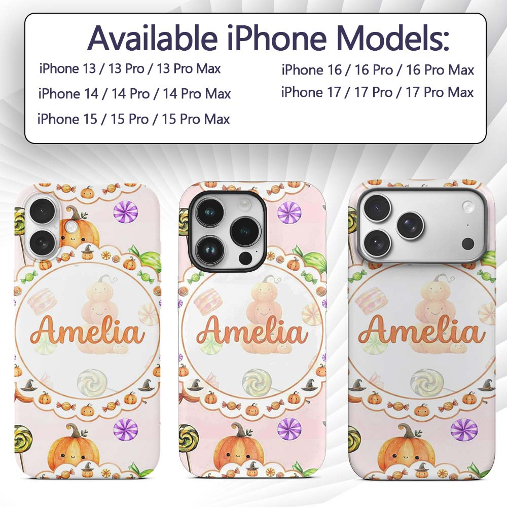 Cute Watercolor Pumpkins and Candy Sweets on Custom Name Protective Phone Case Mobile Cover Durable Everyday Smartphone Shock Resistant