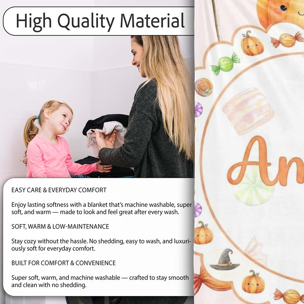 Cute Watercolor Pumpkins and Candy Sweets on Neutral Beige Lovely Personalised Custom Name Super Soft Fleece Blanket Bed Sofa Throw