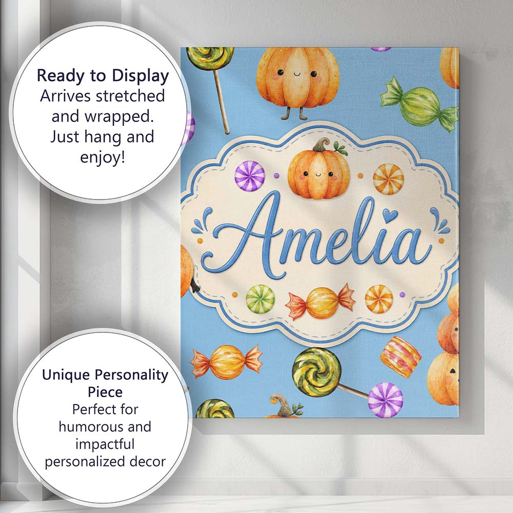 Personalised Name Cute Watercolor Pumpkins Custom Unique Gift Idea Elegant Feature Canvas Wall Art Print Decor Picture Ready to Hang