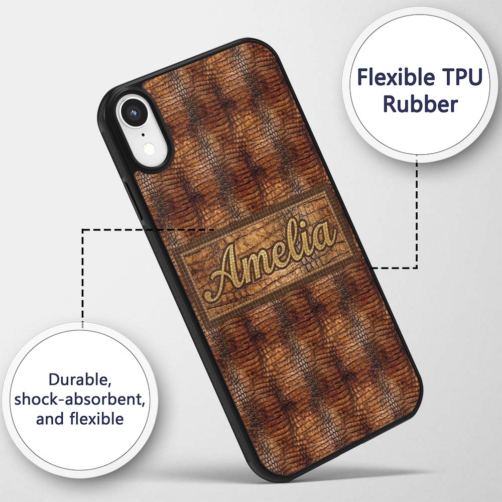 Glossy Tan Crocodile Texture Decorative Design Custom Name Protective Phone Case Mobile Cover Durable Everyday Smartphone Shock Resistant