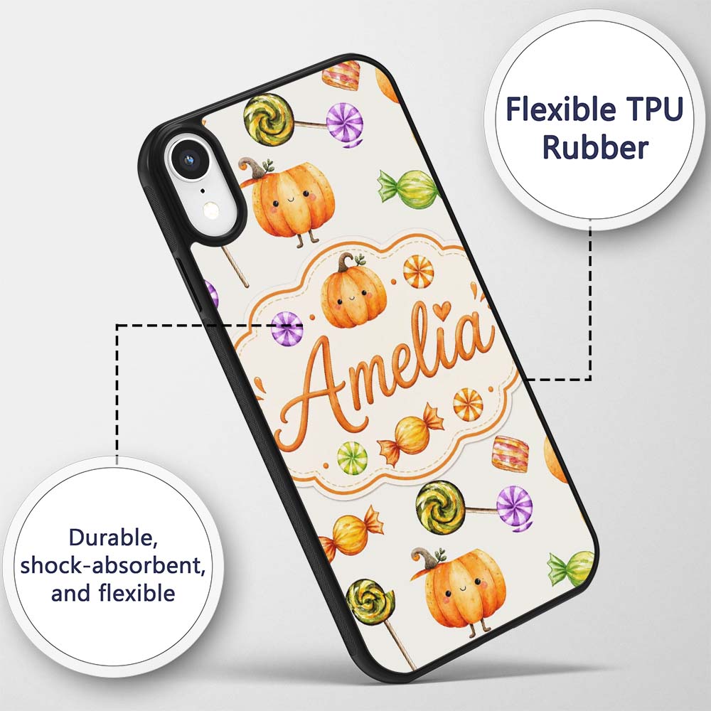 Cute Watercolor Pumpkins and Candy Sweets on Teal Custom Name Protective Phone Case Mobile Cover Durable Everyday Smartphone Shock Resistant