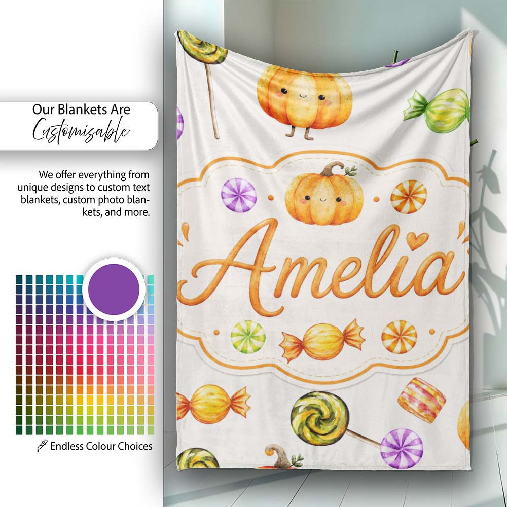 Cute Watercolor Pumpkins and Candy Sweets on Teal Green Background Personalised Custom Name Super Soft Fleece Blanket Bed Sofa Throw
