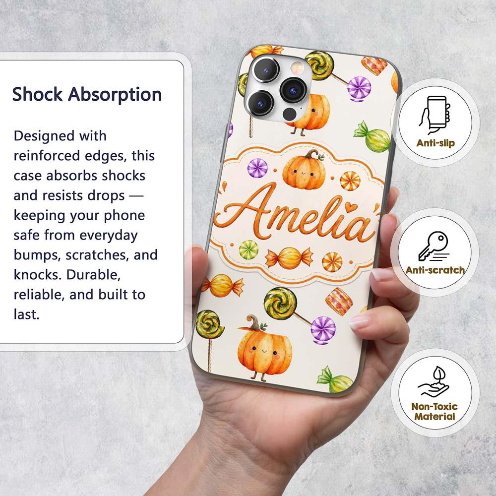 Cute Watercolor Pumpkins and Candy Sweets on Teal Custom Name Protective Phone Case Mobile Cover Durable Everyday Smartphone Shock Resistant