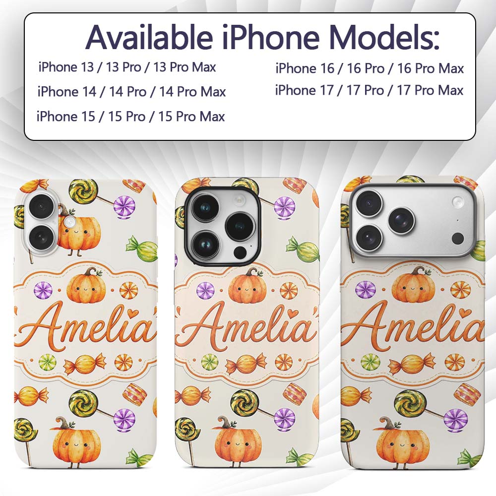 Cute Watercolor Pumpkins and Candy Sweets on Teal Custom Name Protective Phone Case Mobile Cover Durable Everyday Smartphone Shock Resistant