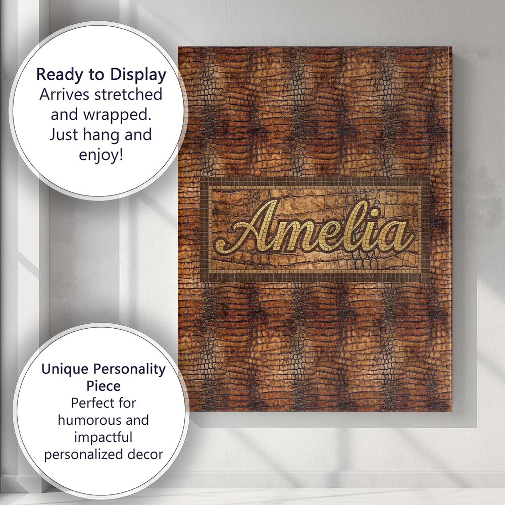 Personalised Name Glossy Tan Crocodile Texture Pattern Luxury Custom Contemporary Display Canvas Wall Art Print Decor Picture Ready to Hang