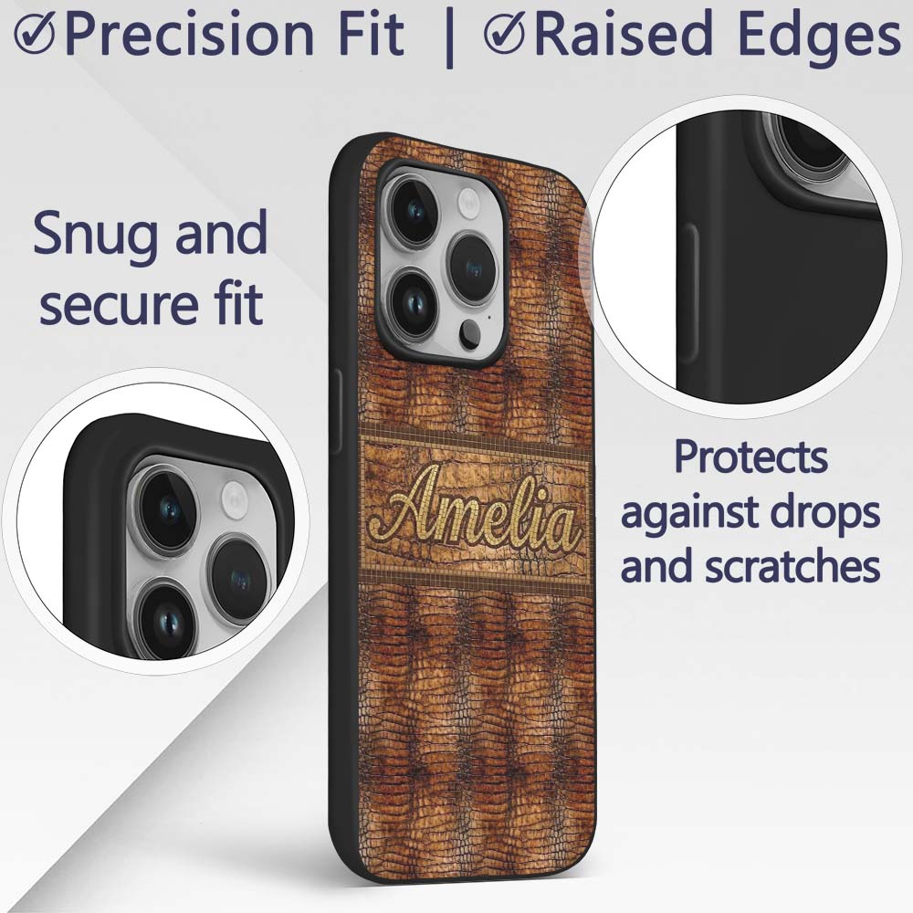 Glossy Tan Crocodile Texture Decorative Design Custom Name Protective Phone Case Mobile Cover Durable Everyday Smartphone Shock Resistant