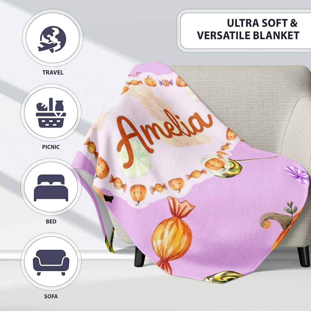 Cute Watercolor Pumpkins and Candy Sweets on Sage Green Background Personalised Custom Name Super Soft Fleece Blanket Bed Sofa Throw