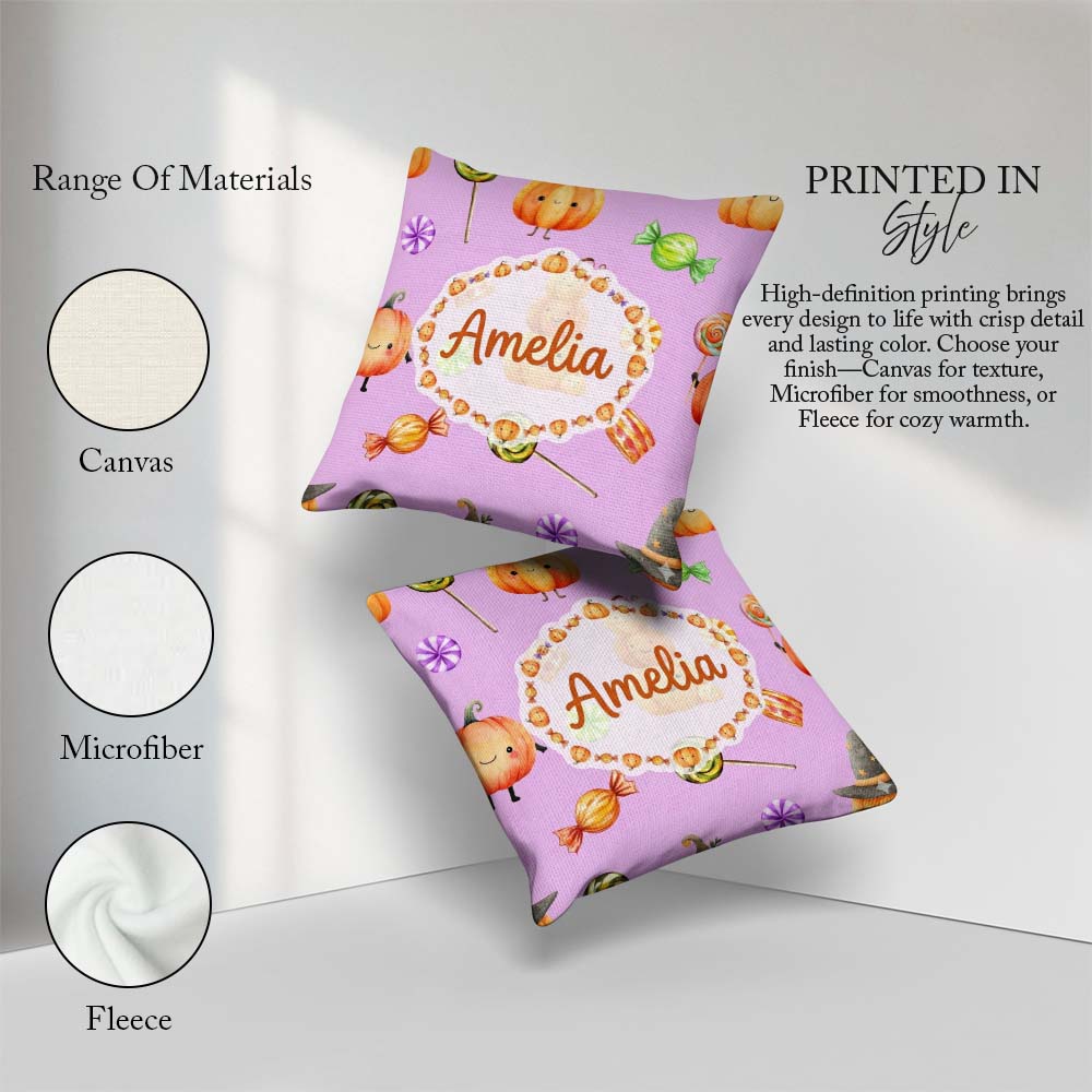 Custom Name Watercolor and Candy Sweets on Sage Green Background Square Filled Cushion Throw Pillow Sofa Bed Home Decor Zip Washable UK Made
