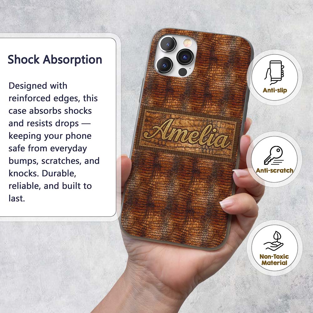 Glossy Tan Crocodile Texture Decorative Design Custom Name Protective Phone Case Mobile Cover Durable Everyday Smartphone Shock Resistant