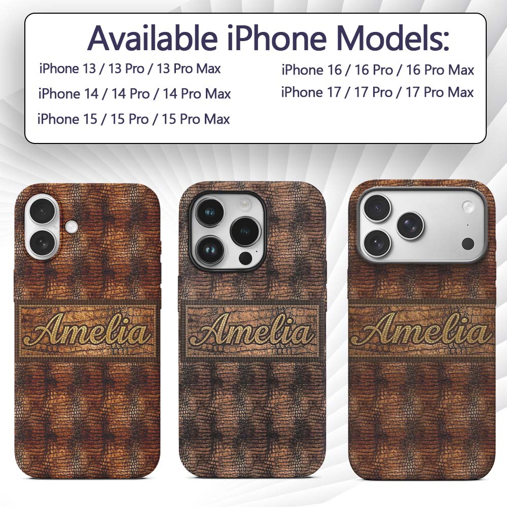 Glossy Tan Crocodile Texture Decorative Design Custom Name Protective Phone Case Mobile Cover Durable Everyday Smartphone Shock Resistant