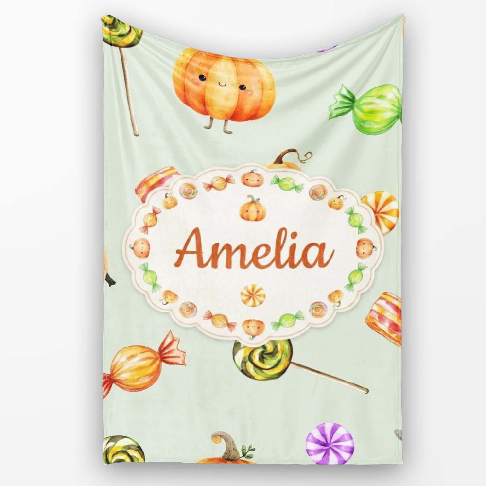 Cute Watercolor Pumpkins and Candy Sweets on Cream Background Lovely Personalised Custom Name Super Soft Fleece Blanket Bed Sofa Throw