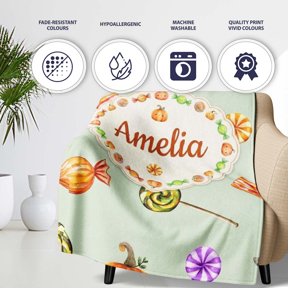 Cute Watercolor Pumpkins and Candy Sweets on Cream Background Lovely Personalised Custom Name Super Soft Fleece Blanket Bed Sofa Throw
