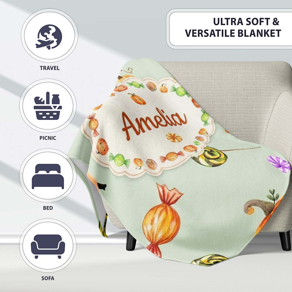 Cute Watercolor Pumpkins and Candy Sweets on Cream Background Lovely Personalised Custom Name Super Soft Fleece Blanket Bed Sofa Throw