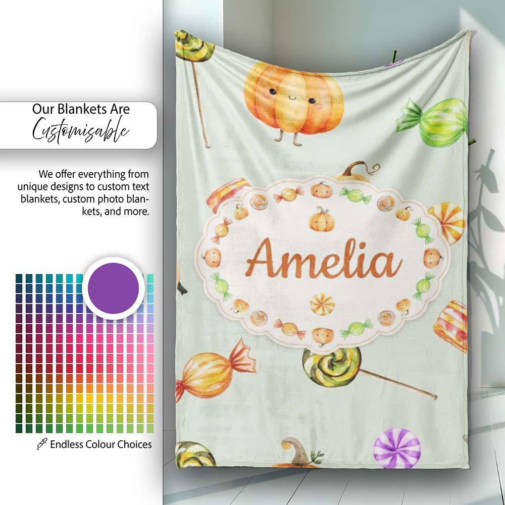 Cute Watercolor Pumpkins and Candy Sweets on Cream Background Lovely Personalised Custom Name Super Soft Fleece Blanket Bed Sofa Throw