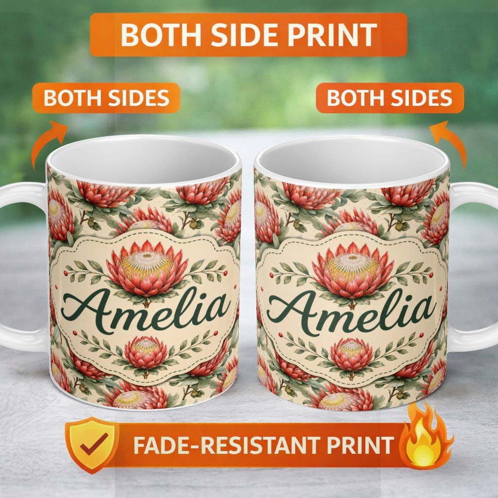 Personalized Custom Name Soft Red Protea Floral Botanical Seamless Pattern Cute Unique Gift 11oz Ceramic Coffee Tea Mug White Large Handle