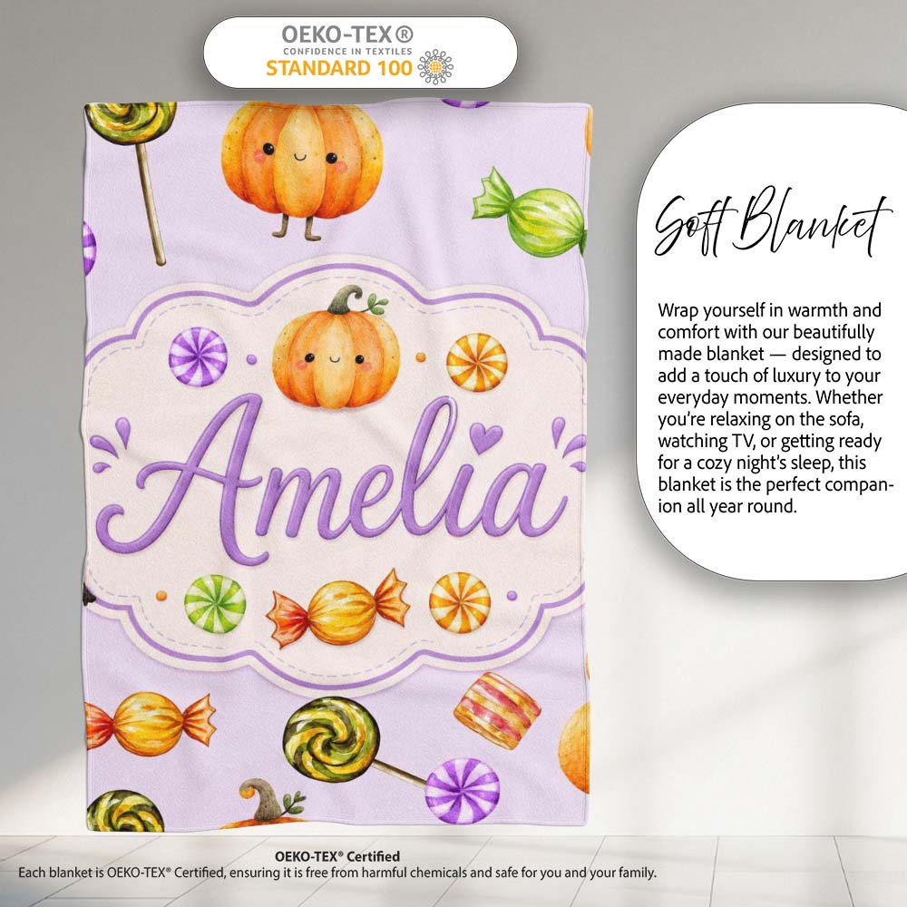 Cute Watercolor Pumpkins and Candy Sweets on Warm Beige Background Personalised Custom Name Super Soft Fleece Blanket Bed Sofa Throw