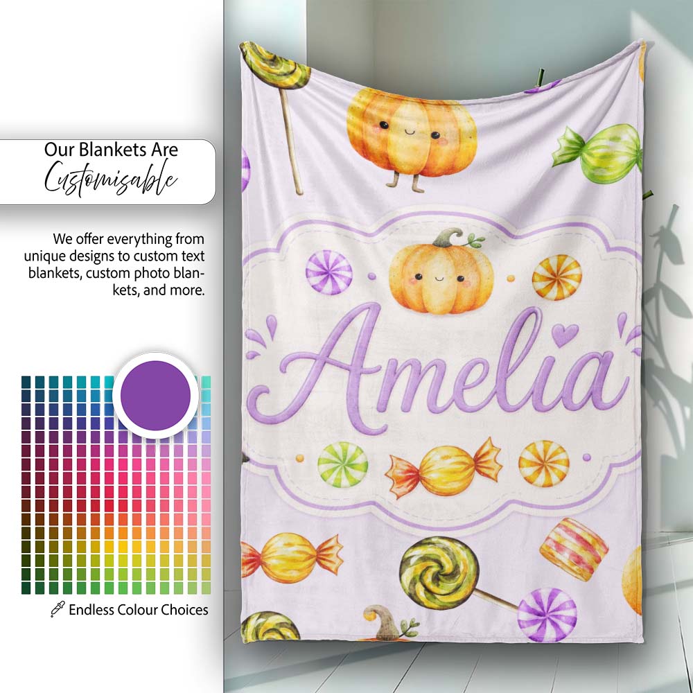 Cute Watercolor Pumpkins and Candy Sweets on Warm Beige Background Personalised Custom Name Super Soft Fleece Blanket Bed Sofa Throw