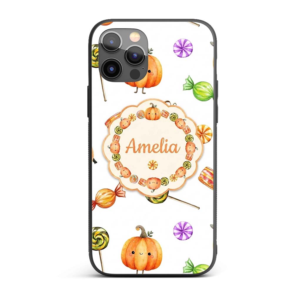 Cute Watercolor Pumpkins and Candy Sweets on Mint Custom Name Protective Phone Case Mobile Cover Durable Everyday Smartphone Shock Resistant
