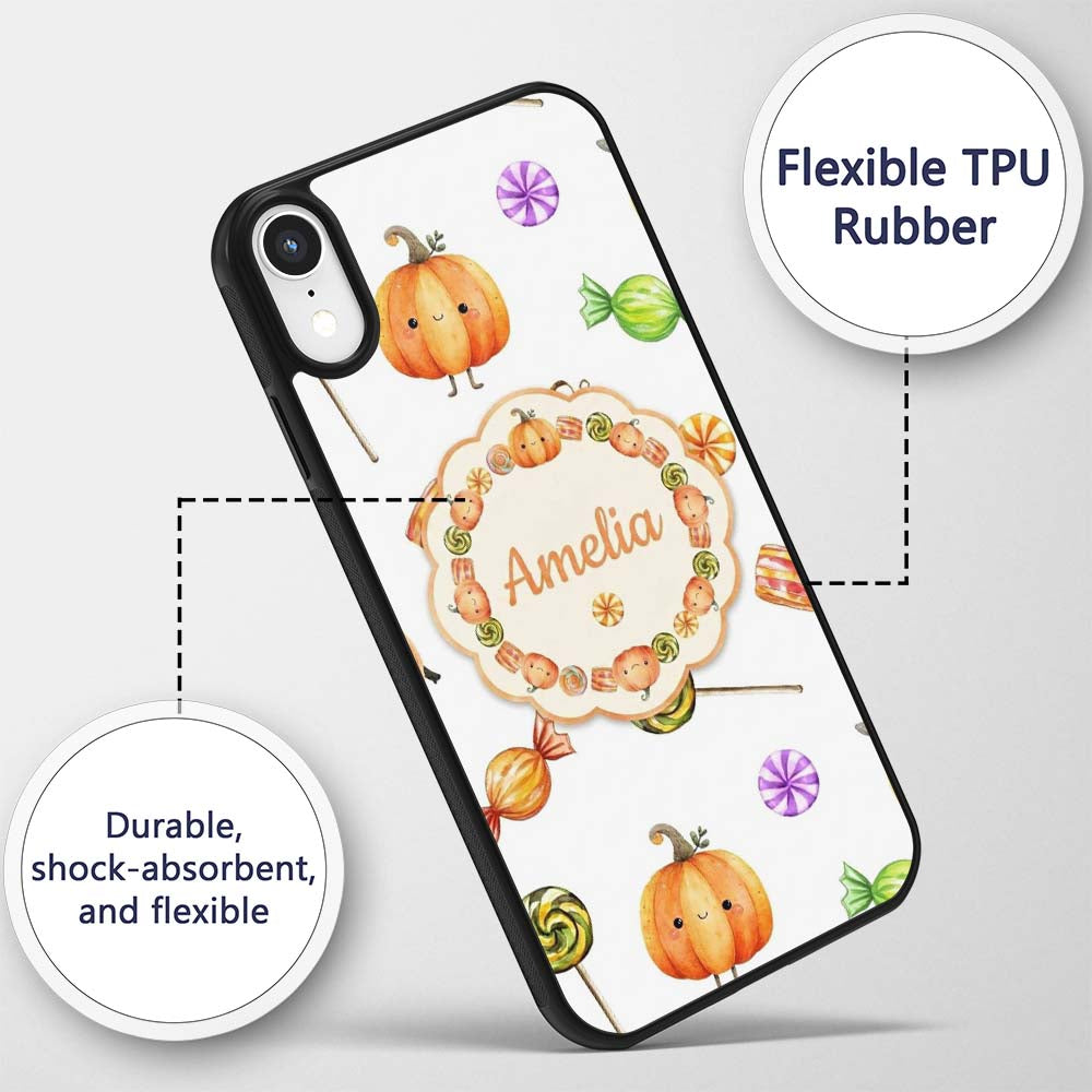 Cute Watercolor Pumpkins and Candy Sweets on Mint Custom Name Protective Phone Case Mobile Cover Durable Everyday Smartphone Shock Resistant