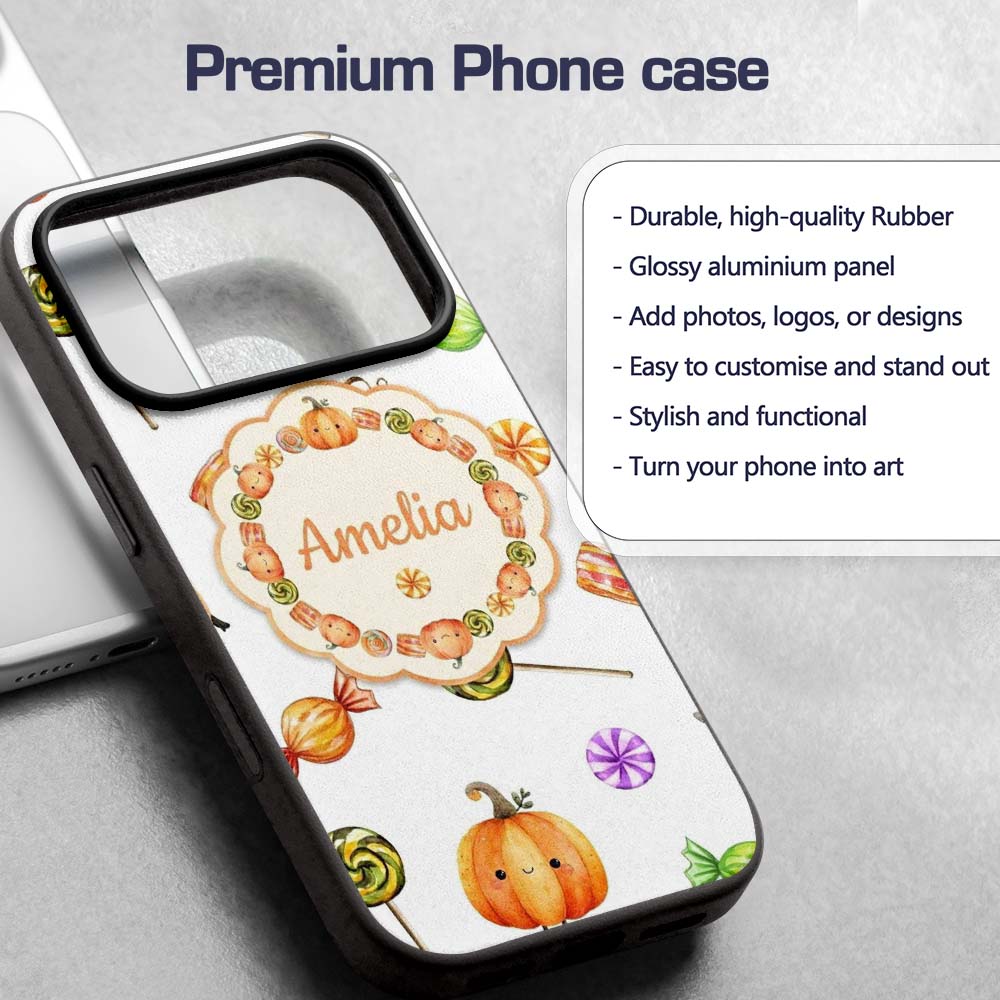 Cute Watercolor Pumpkins and Candy Sweets on Mint Custom Name Protective Phone Case Mobile Cover Durable Everyday Smartphone Shock Resistant