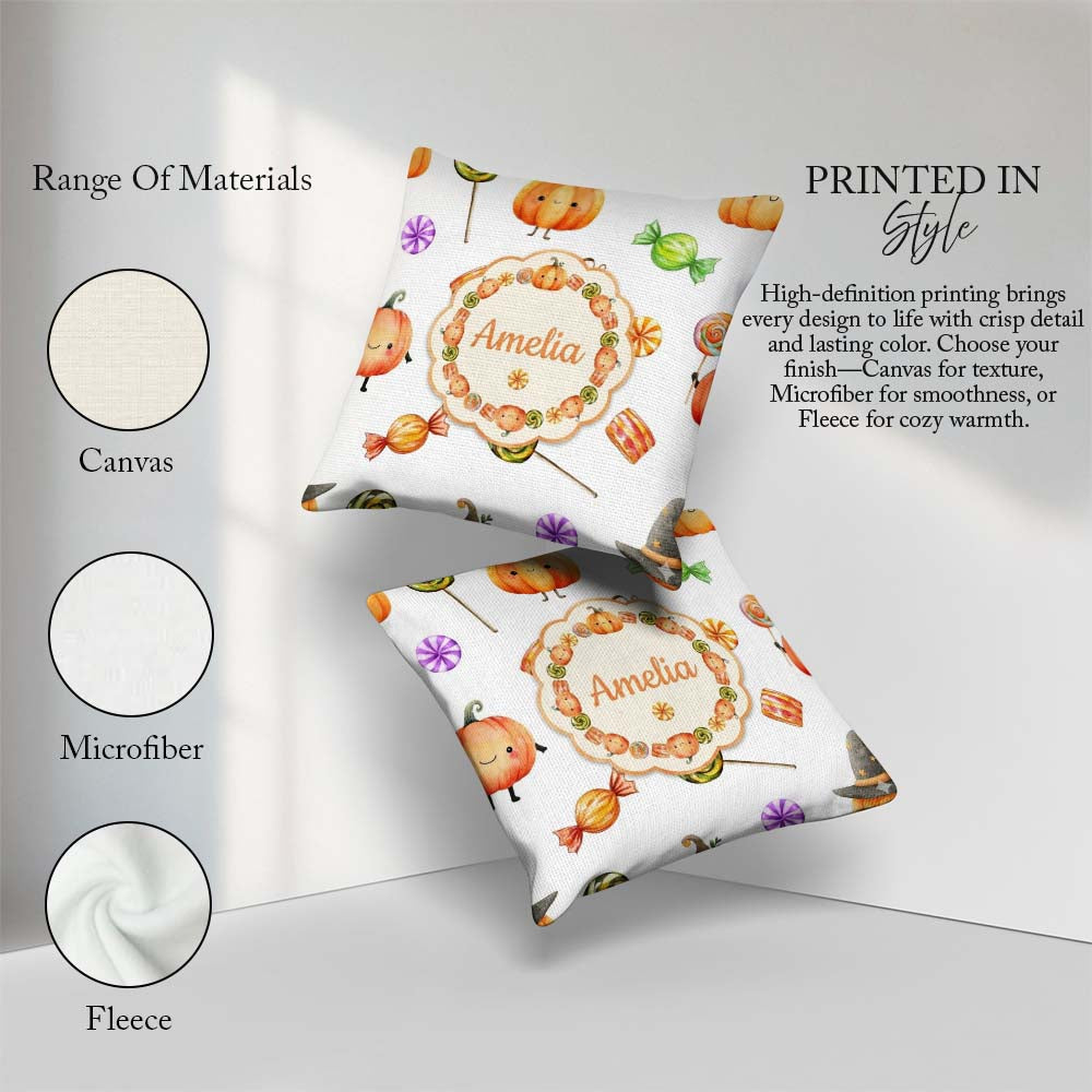 Custom Name Watercolor and Candy Sweets on Mint Green Background Square Filled Cushion Throw Pillow Sofa Bed Home Decor Zip Washable UK Made