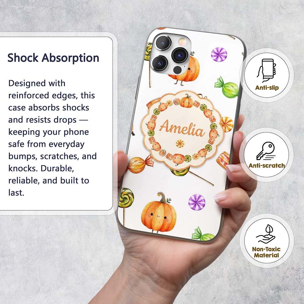 Cute Watercolor Pumpkins and Candy Sweets on Mint Custom Name Protective Phone Case Mobile Cover Durable Everyday Smartphone Shock Resistant