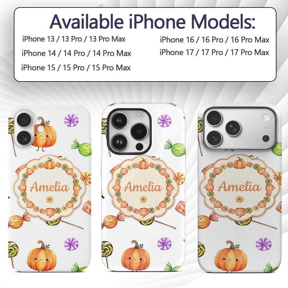 Cute Watercolor Pumpkins and Candy Sweets on Mint Custom Name Protective Phone Case Mobile Cover Durable Everyday Smartphone Shock Resistant