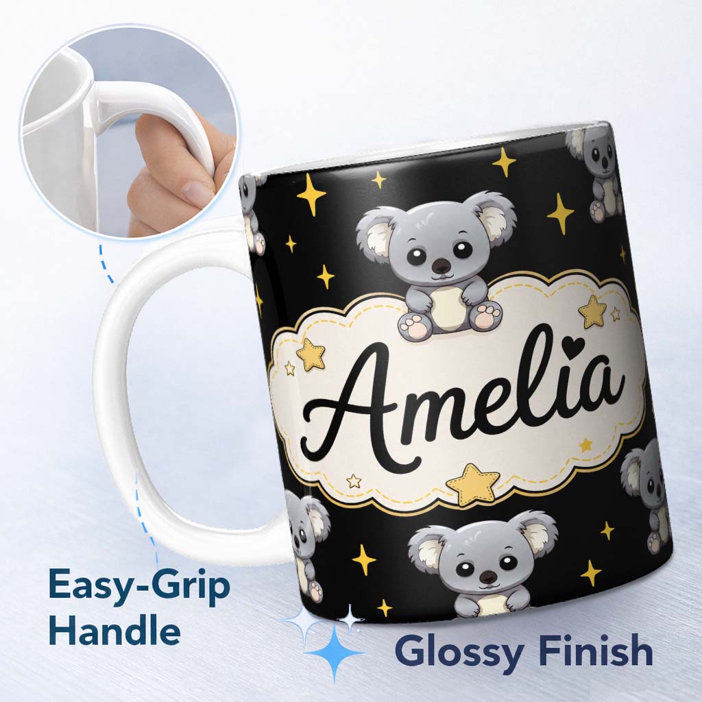 Personalized Custom Name Cute Koala Bears with Stars Black Background Seamless Pattern Lovely 11oz Ceramic Coffee Tea Mug White Large Handle